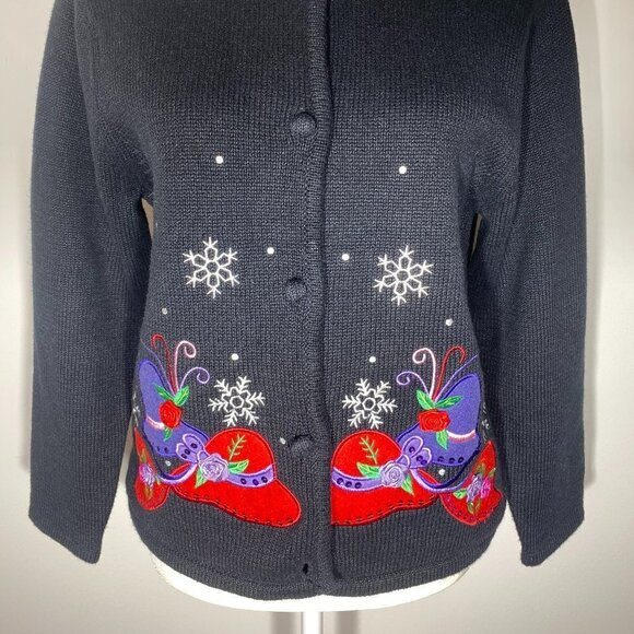 Crystal Kobe Black “Red Hat” Cardigan Size Petite Medium - Picture 2 of 7